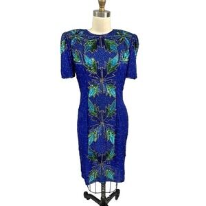 Mob Wife 80s VTG Beaded/Sequin Blue/Green Cocktail Dress Robert Anthony Sz 8